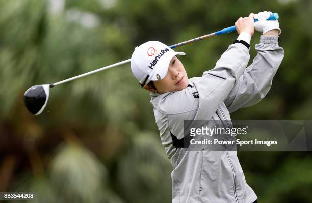 Eun-Hee Ji of South Korea plays a shot on the 15th hole during day two of the Swinging Skirts LPGA Taiwan Championship on October 20, 2017 in Taipei,...
