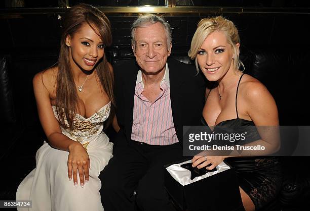 Playmate of the Year Ida Ljungqvist, Hugh Hefner and Crystal Harris attend the Playboy Club at The palms Casino Resort on May 2, 2009 in Las Vegas,...