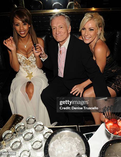 Playmate of the Year Ida Ljungqvist, Hugh Hefner and Crystal Harris attend the Playboy Club at The palms Casino Resort on May 2, 2009 in Las Vegas,...