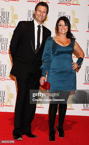 Personalities Adam Hills and Myf Warhurst arrive for the 51st TV Week Logie Awards at the Crown Towers Hotel and Casino on May 3, 2009 in Melbourne,...