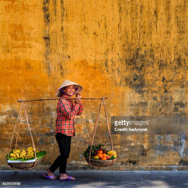 donna vietnamita che vende frutta tropicale, città vecchia nella città di hoi an, vietnam - vietnam foto e immagini stock
