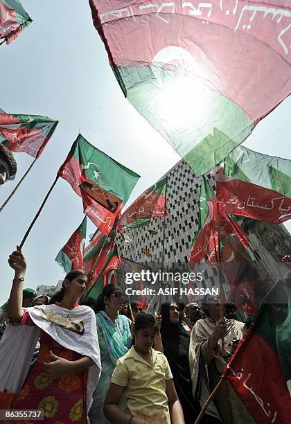 Activists of Pakistani Tehreek Insaf march during a protest in Karachi on May 3, 2009. The Sindh Home Department has banned the entry of PTI Chairman...