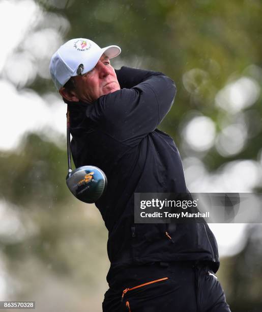 Des Smyth of Ireland plays his first shot on the 2nd tee during Day One of the Farmfoods European Senior Masters at Forest Of Arden Marriott Hotel &...