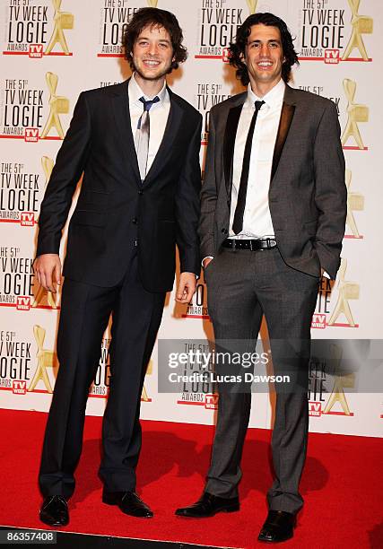 Personality and comedians Hamish Blake and Andy Lee arrive for the 51st TV Week Logie Awards at the Crown Towers Hotel and Casino on May 3, 2009 in...