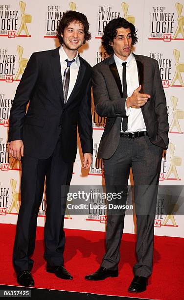 Personality and comedians Hamish Blake and Andy Lee arrive for the 51st TV Week Logie Awards at the Crown Towers Hotel and Casino on May 3, 2009 in...