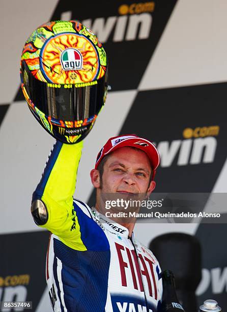 Valentino Rossi of Italy and Fiat Yamaha Team celebrates on the podium after the race of MotoGP of the Spanish Grand Prix at the Jerez racetrack on...