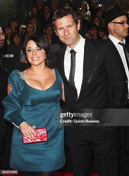 Personalities Adam Hills and Myf Warhurst arrive for the 51st TV Week Logie Awards at the Crown Towers Hotel and Casino on May 3, 2009 in Melbourne,...