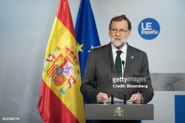 Mariano Rajoy, Spain's prime minister, speaks during a news conference at a European Union leaders summit in Brussels, Belgium, on Friday, Oct. 20,...