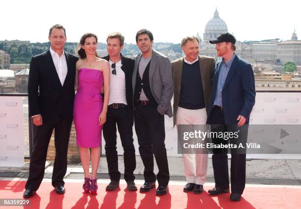 Actors Tom Hanks, Ayelet Zurer, Ewan McGregor, Pierfrancesco Favino, writer Dan Brown and director Ron Howard attend the Rome photocall of 'Angels &...