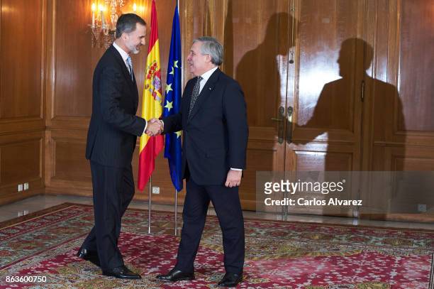 King Felipe VI of Spain receives President of the European Parliament Antonio Tajani at the Reconquista Hotel during the 'Princesa De Asturias'...