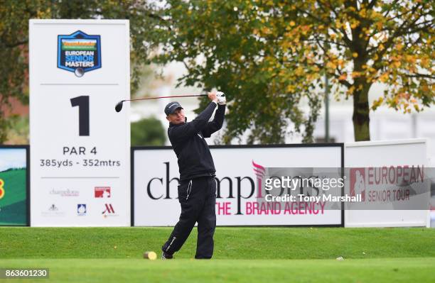 Paul Eales of England plays his first shot on the 1st tee during Day One of the Farmfoods European Senior Masters at Forest Of Arden Marriott Hotel &...