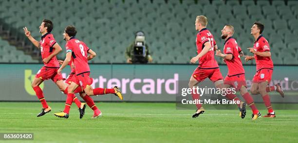 Adelaides Vince Lia scores his second goal during the round three A-League match between Adelaide United and Melbourne Victory at Adelaide Oval on...