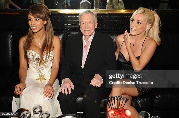 Playmate of the Year Ida Ljungqvist, Hugh Hefner and Crystal Harris attend the Playboy Club at The palms Casino Resort on May 2, 2009 in Las Vegas,...