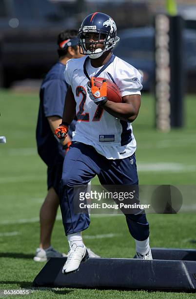 First round draft pick running back Knowshon Moreno of Denver Broncos participates in practice at minicamp at the Broncos training facility on May 3,...