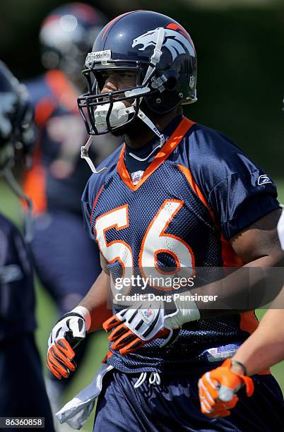 First round draft pick linebacker Robert Ayers participates in Denver Broncos Minicamp at the Broncos training facility on May 3, 2009 in Englewood,...