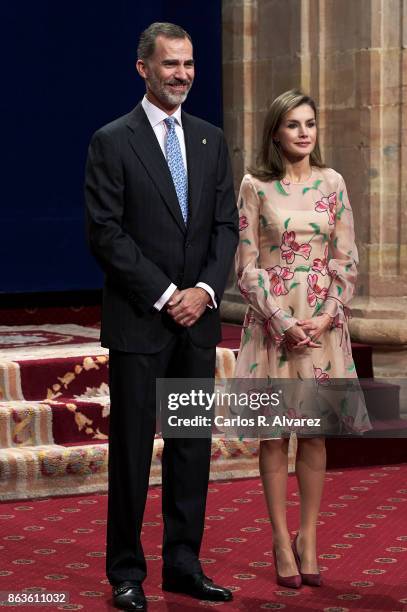 King Felipe VI of Spain and Queen Letizia of Spain attend the deliver of Princess of Asturias awards medals during the Princess of Asturias Award...