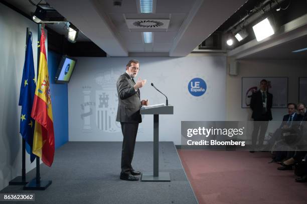 Mariano Rajoy, Spain's prime minister, gestures while speaking during a news conference at a European Union leaders summit in Brussels, Belgium, on...