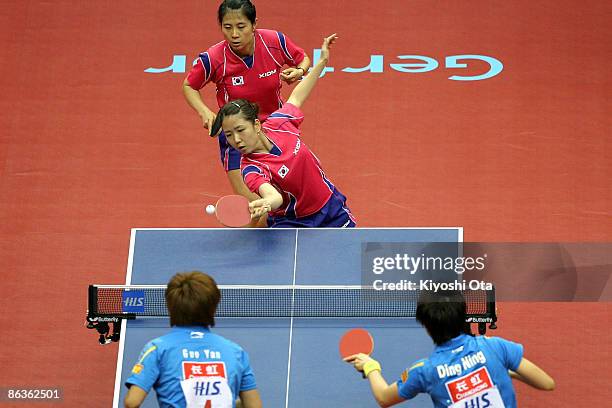 Park Mi-young and Kim Kyung-ah of South Korea compete in the Women's Doubles semi final match against Ding Ning and Guo Yan of China during the World...