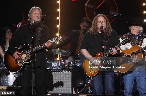 Kris Kristoferson and Warren Haynes perform at The Clearwater Benefit Concert celebrating Pete Seeger's 90th birthday at Madison Square Garden on May...