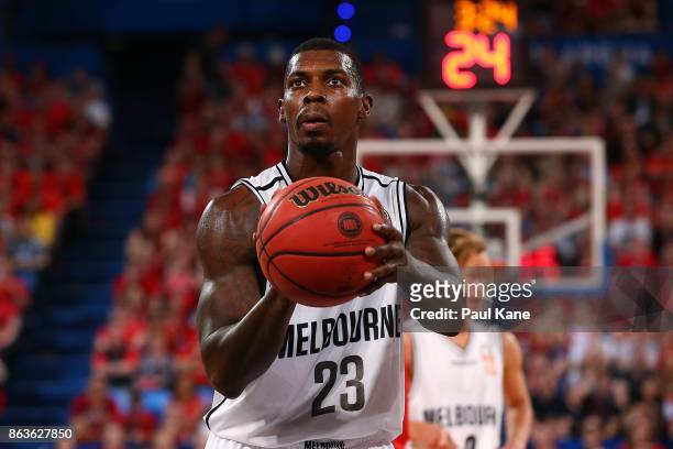 Casey Prather of United prepares to shoot a free throw during the round three NBL match between the Perth Wildcats and Melbourne United at Perth...
