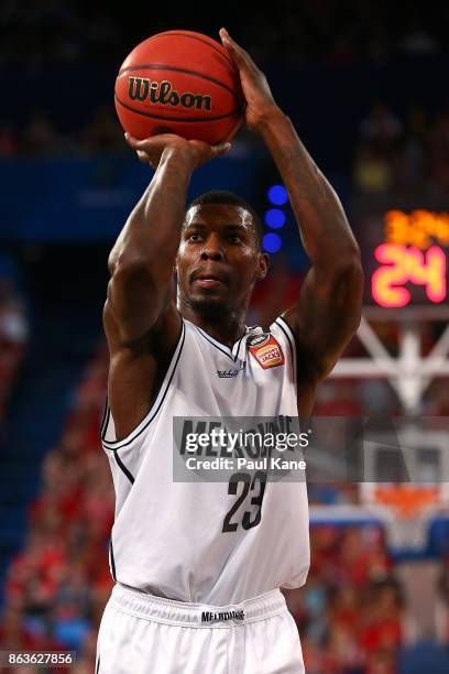 Casey Prather of United shoots a free throw during the round three NBL match between the Perth Wildcats and Melbourne United at Perth Arena on...