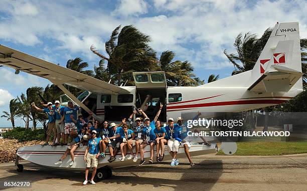 The 16 finalists for the 'Best Job In The World' position as caretaker of Australia's Great Barrier Reef arrive by seaplane on Hayman Island in the...