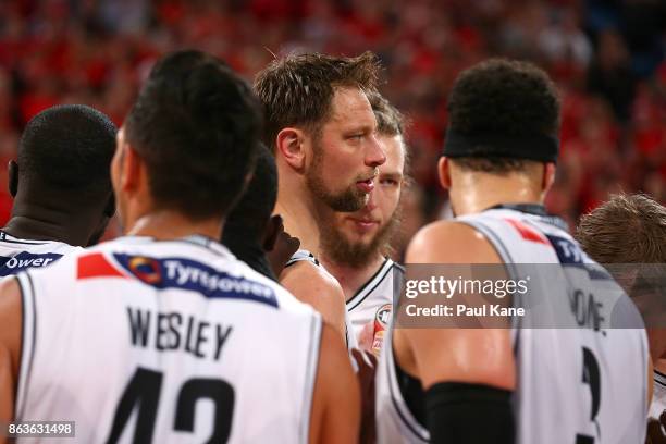 David Anderson of United addresses his team after being defeated during the round three NBL match between the Perth Wildcats and Melbourne United at...