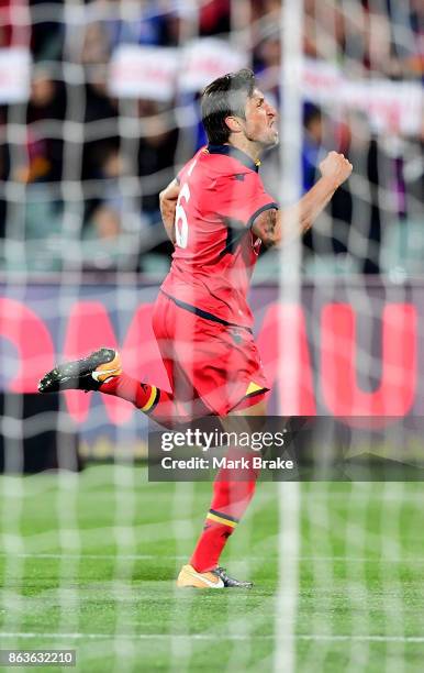 Adelaide Uniteds Vince Lia scores the equaliser during the round three A-League match between Adelaide United and Melbourne Victory at Adelaide Oval...