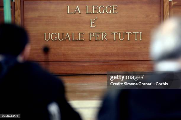 The sign 'La legge Ã¨ uguale per tutti' during the New trial against five military police officers for the death Stefano Cucchi on October 20, 2017...