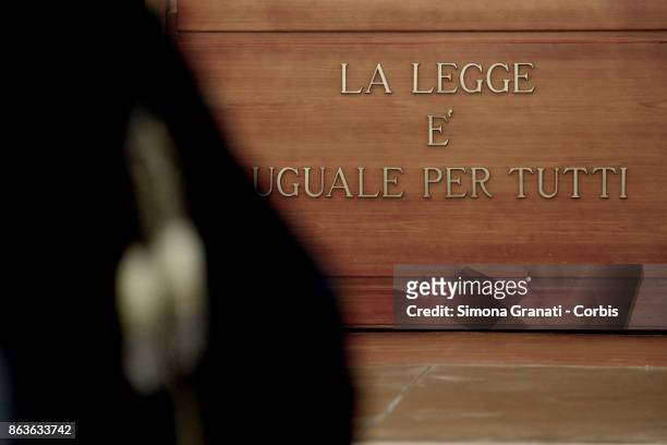 The sign 'La legge Ã¨ uguale per tutti' during the New trial against five military police officers for the death Stefano Cucchi on October 20, 2017...
