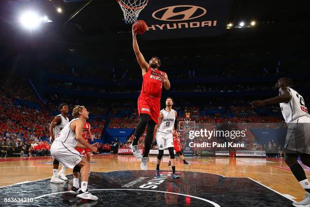 Matt Knight of the Wildcats lays up during the round three NBL match between the Perth Wildcats and Melbourne United at Perth Arena on October 20,...