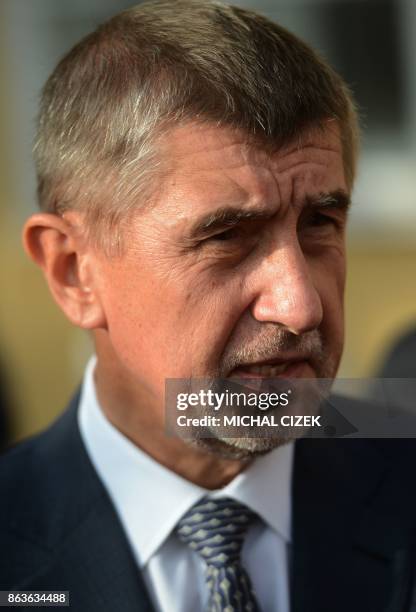 Czech billionaire Andrej Babis, chairman of the ANO movement , talks to the media after voting at a polling station during the first day of the Czech...