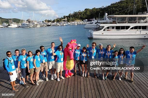 The 16 finalists for the 'Best Job In The World' position as caretaker of Australia's Great Barrier Reef pose with a seahorse mascot before departing...