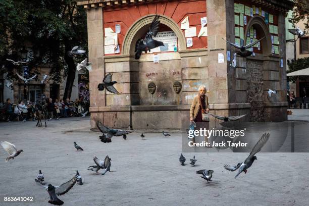 Pigeons take off and fly as a woman walks through a square on October 20, 2017 in Barcelona, Spain. The Spanish government is to take steps to...