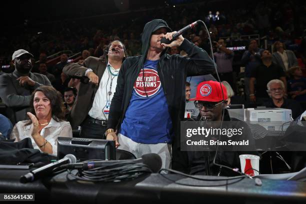 Rapper, Eminem attends the Charlotte Hornets game against the Detroit Pistons at the Little Caesars Arena in Detroit, Michigan on October 18, 2017....