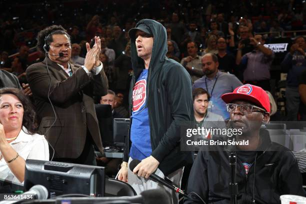 Rapper, Eminem attends the Charlotte Hornets game against the Detroit Pistons at the Little Caesars Arena in Detroit, Michigan on October 18, 2017....