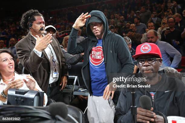 Rapper, Eminem attends the Charlotte Hornets game against the Detroit Pistons at the Little Caesars Arena in Detroit, Michigan on October 18, 2017....