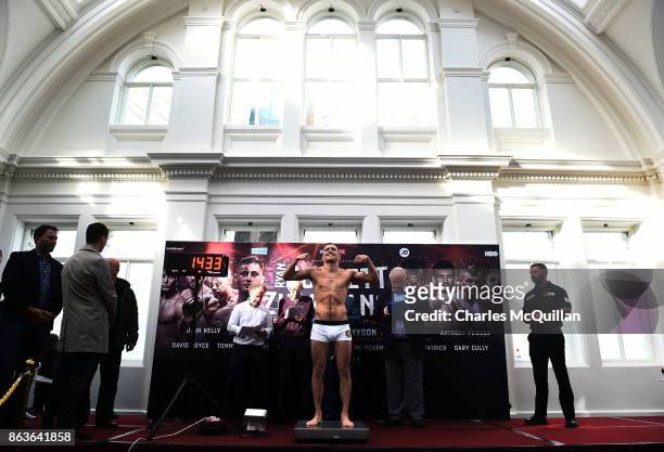 Renald Garrido of France during his weigh on the Ryan Burnett v Zhanat Zhakiyanov IBF and WBA Super World Bantamweight unification boxing bill at the...