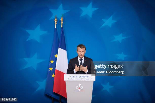 Emmanuel Macron, France's president, speaks during a news conference at a European Union leaders summit in Brussels, Belgium, on Friday, Oct. 20,...