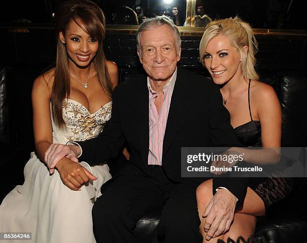 Playmate of the Year Ida Ljungqvist, Hugh Hefner and Crystal Harris attend the Playboy Club at The palms Casino Resort on May 2, 2009 in Las Vegas,...