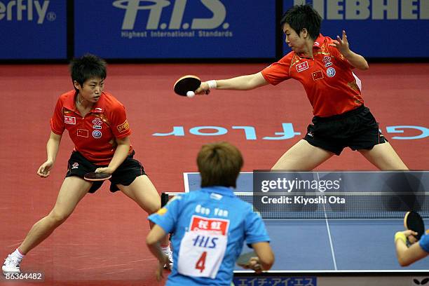 Guo Yue and Li Xiaoxia of China compete in the Women's Doubles final match against Ding Ning and Guo Yan of China during the World Table Tennis...
