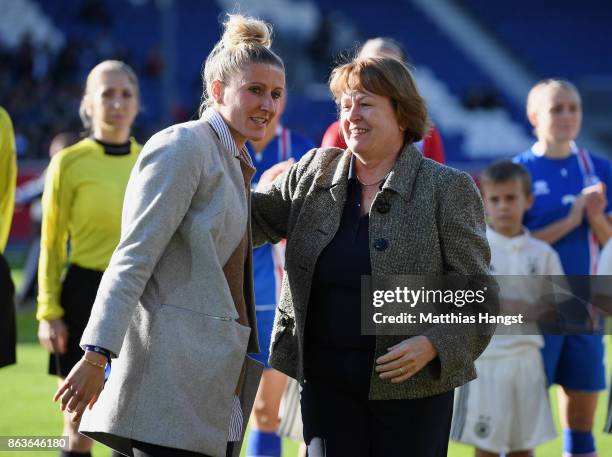 Anja Mittag is honored by DFB Vice President Hannelore Ratzeburg during her farewell ceremony prior to the 2019 FIFA Women's World Championship...
