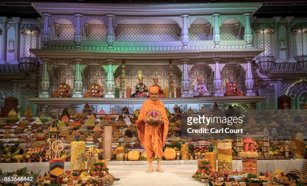 Guru Mahant Swami Maharaj leads a Diwali service at Neasden Temple on October 20, 2017 in London, England. BAPS Shri Swaminarayan Mandir , is the...