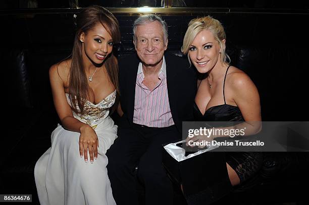 Playmate of the Year Ida Ljungqvist, Hugh Hefner and Crystal Harris attend the Playboy Club at The palms Casino Resort on May 2, 2009 in Las Vegas,...