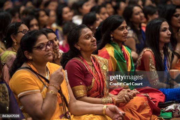 Hindu worshippers take part in a Diwali service led by Guru Mahant Swami Maharaj at Neasden Temple on October 20, 2017 in London, England. BAPS Shri...