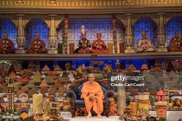 Guru Mahant Swami Maharaj leads a Diwali service at Neasden Temple on October 20, 2017 in London, England. BAPS Shri Swaminarayan Mandir , is the...