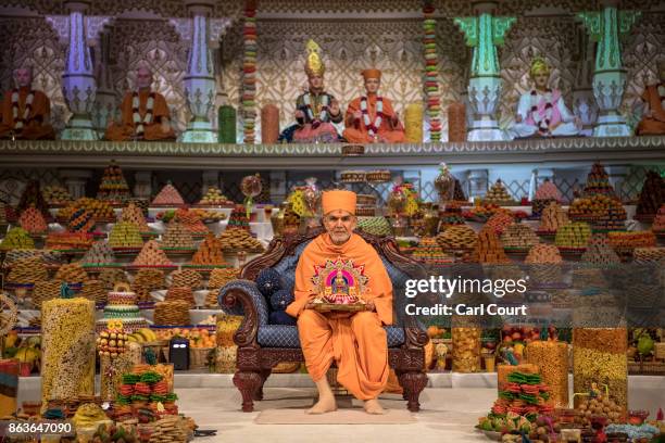 Guru Mahant Swami Maharaj leads a Diwali service at Neasden Temple on October 20, 2017 in London, England. BAPS Shri Swaminarayan Mandir , is the...