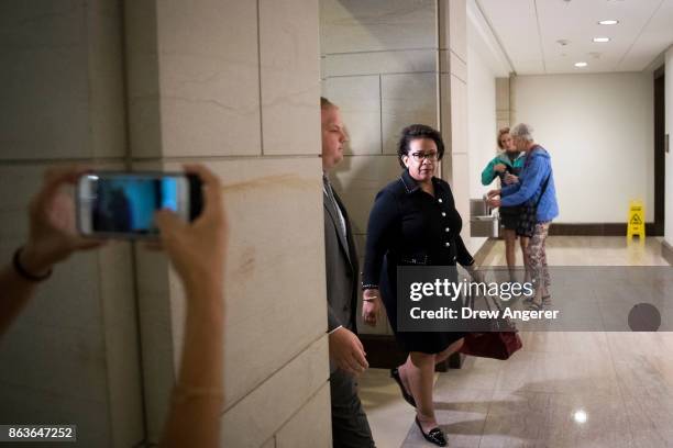 Former U.S. Attorney General Loretta Lynch arrives at the U.S. Capitol on her way to meet with members of the House Intelligence Committee, October...