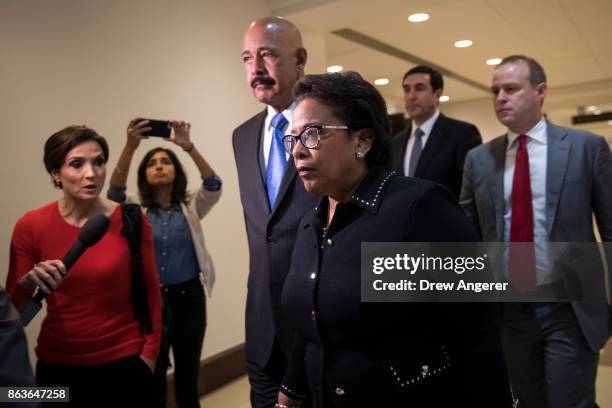 Former U.S. Attorney General Loretta Lynch arrives at the U.S. Capitol on her way to meet with members of the House Intelligence Committee, October...