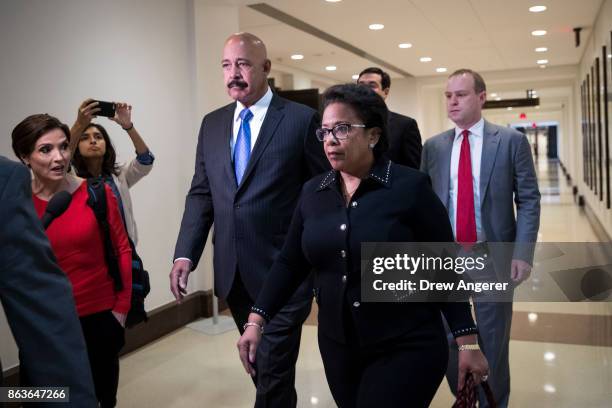 Former U.S. Attorney General Loretta Lynch arrives at the U.S. Capitol on her way to meet with members of the House Intelligence Committee, October...
